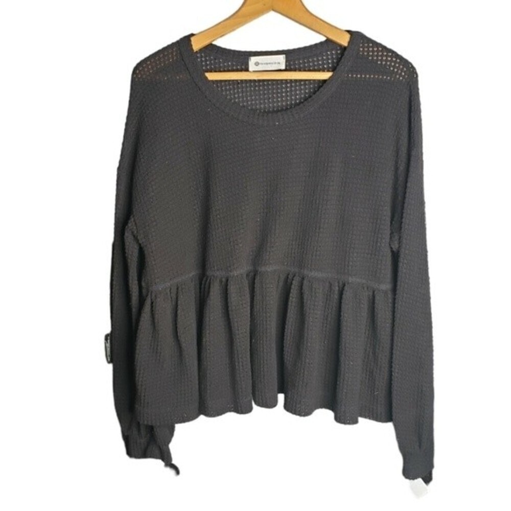 The Impeccable Pig black lightweight waffle knit long sleeve peplum top medium